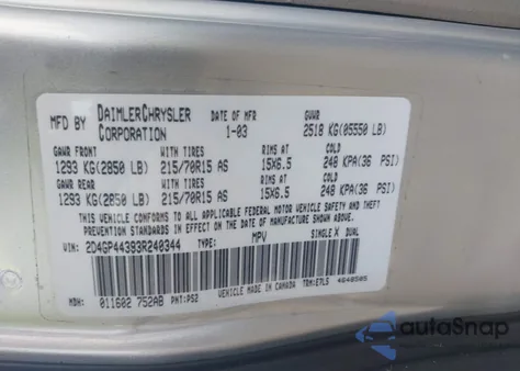 2003 Dodge Grand Caravan Sport from USA, damaged, VIN 2D4GP44393R240344